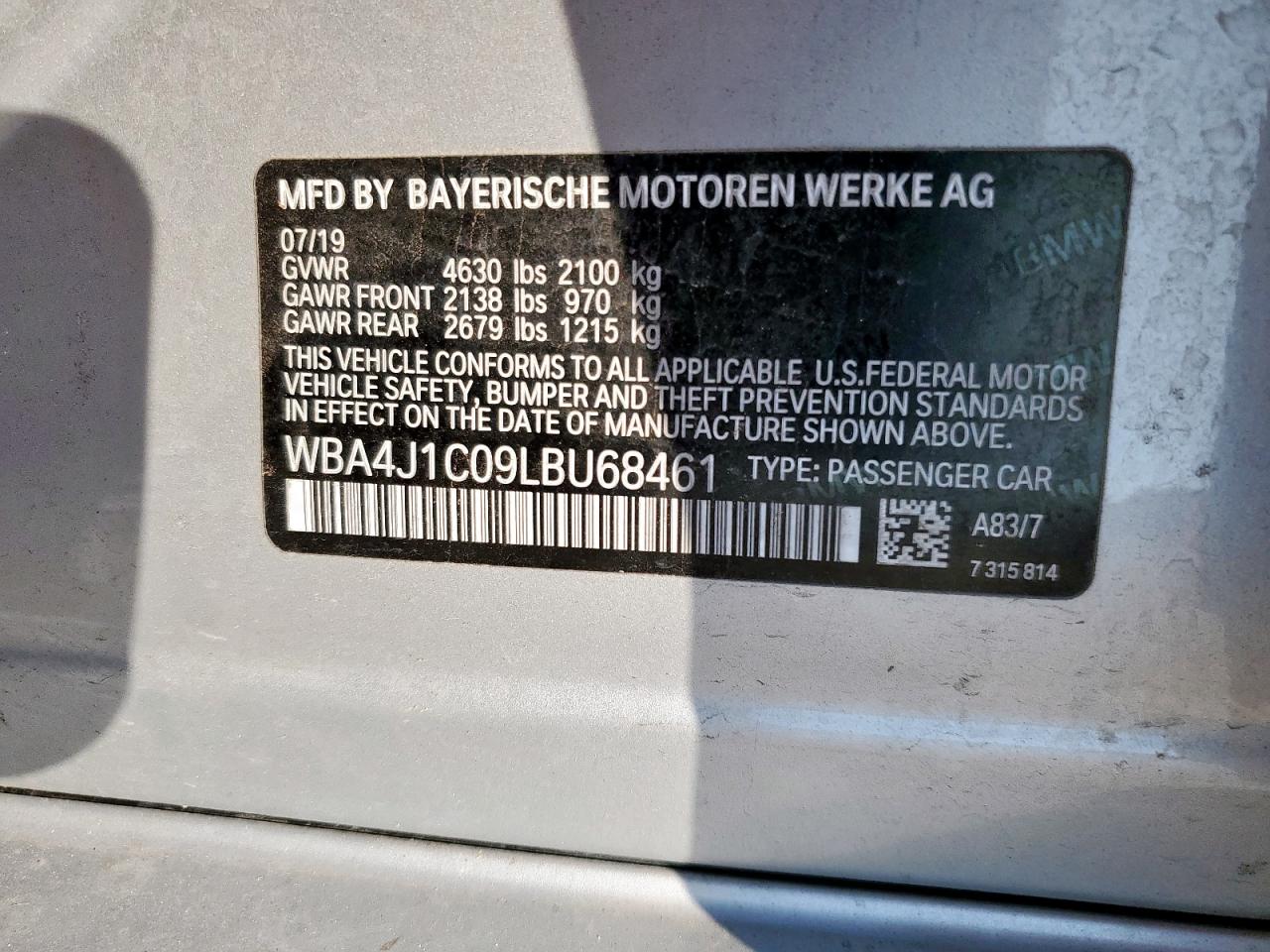 2020 BMW 430I Gran Coupe VIN: WBA4J1C09LBU68461 Lot: 80879655