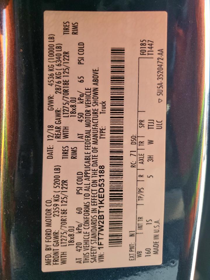 2019 Ford F250 Super Duty VIN: 1FT7W2BT1KED53188 Lot: 80409065