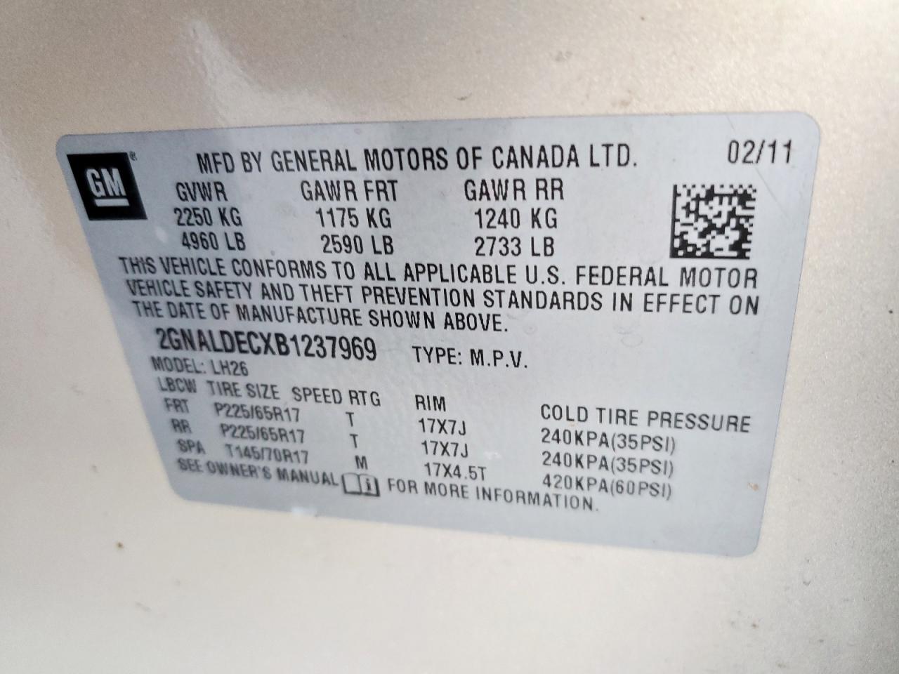 2011 Chevrolet Equinox Lt VIN: 2GNALDECXB1237969 Lot: 81455245