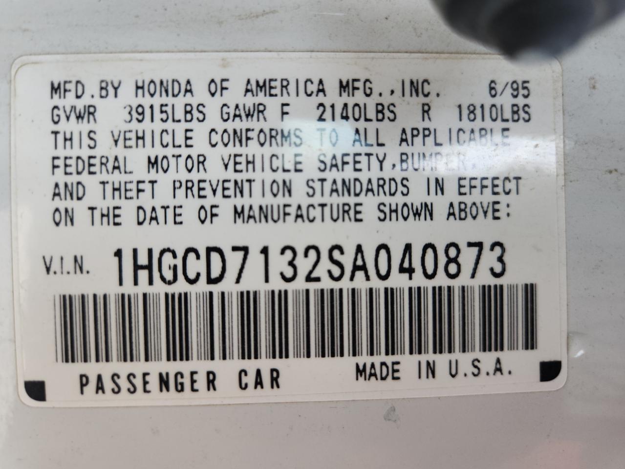 1995 Honda Accord Lx VIN: 1HGCD7132SA040873 Lot: 71235735