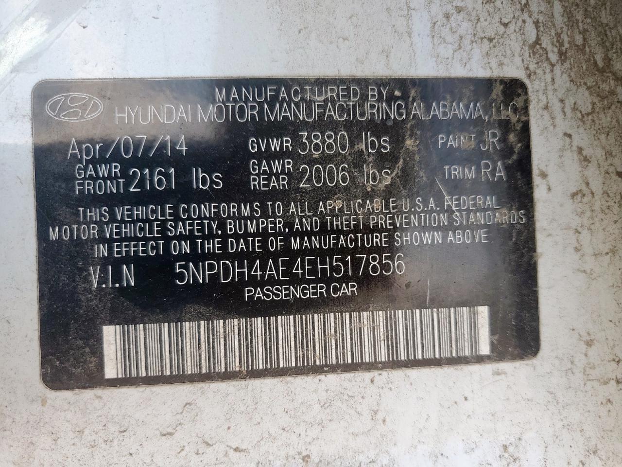 2014 Hyundai Elantra Se VIN: 5NPDH4AE4EH517856 Lot: 71249825