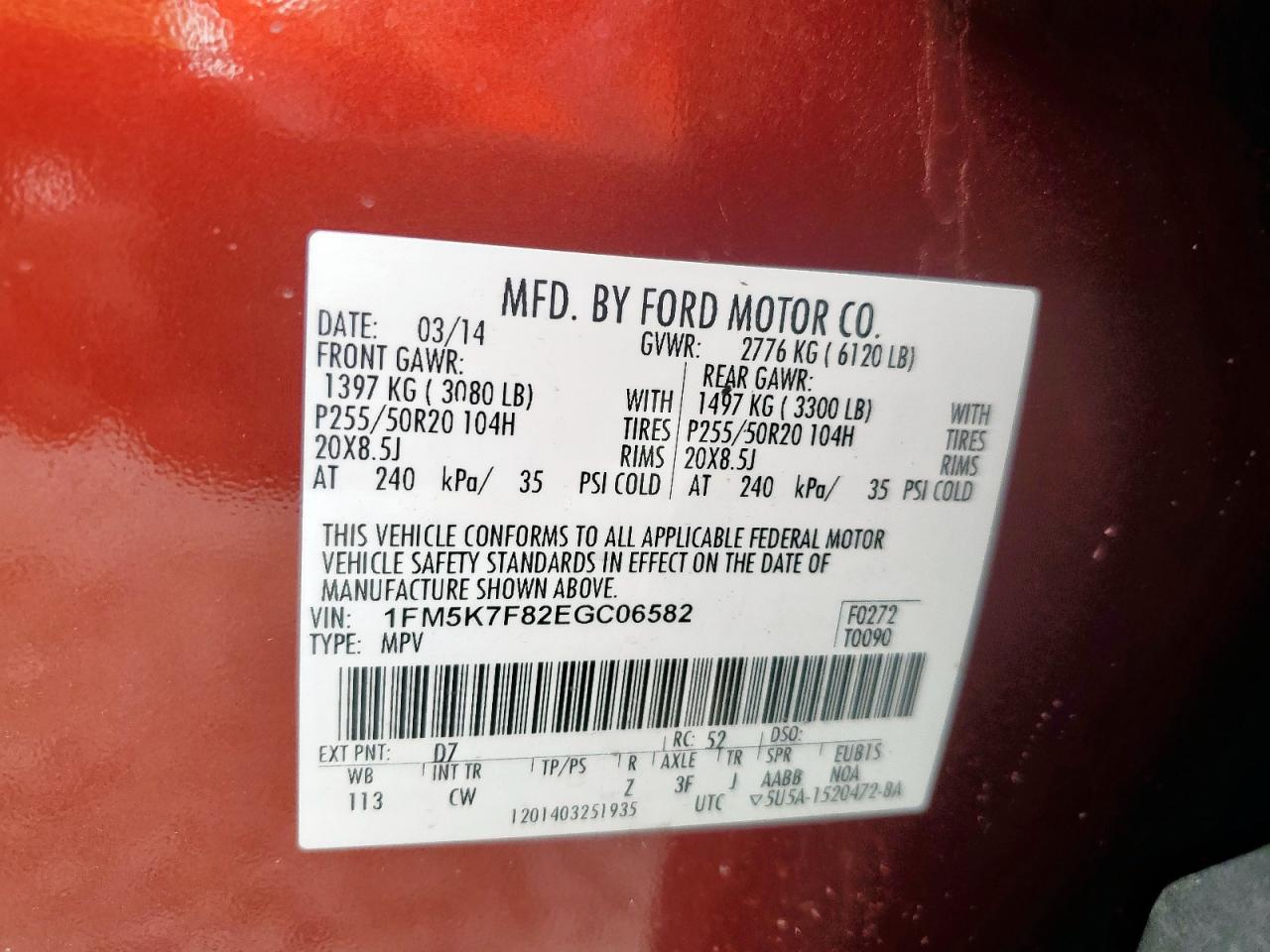 2014 Ford Explorer Limited VIN: 1FM5K7F82EGC06582 Lot: 81694555