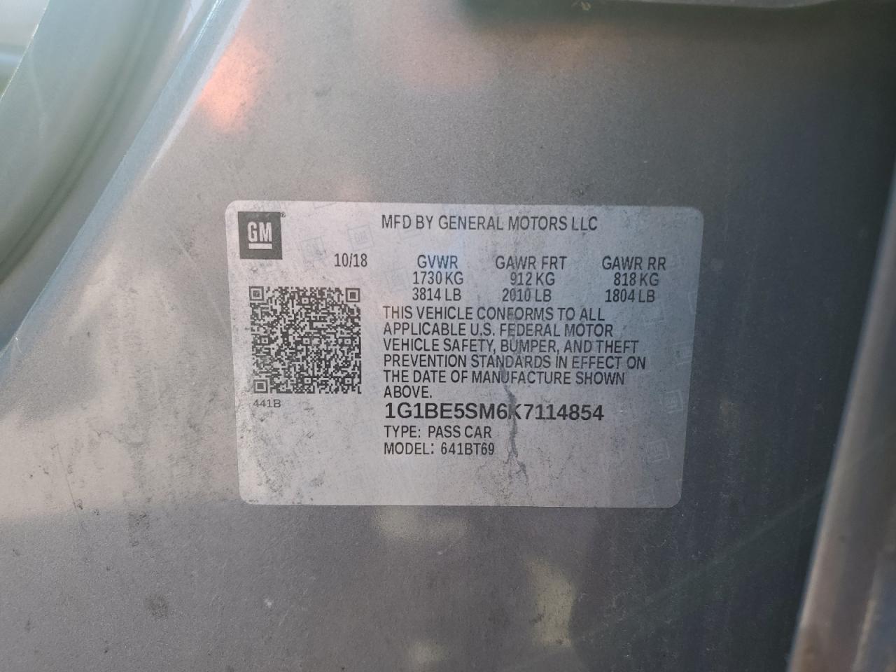 2019 Chevrolet Cruze Lt VIN: 1G1BE5SM6K7114854 Lot: 80908405