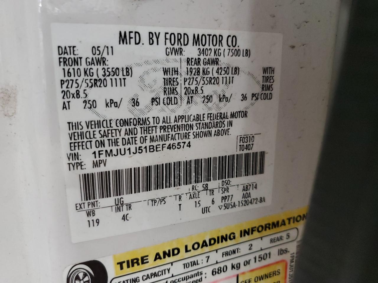 2011 Ford Expedition Xlt VIN: 1FMJU1J51BEF46574 Lot: 81938495