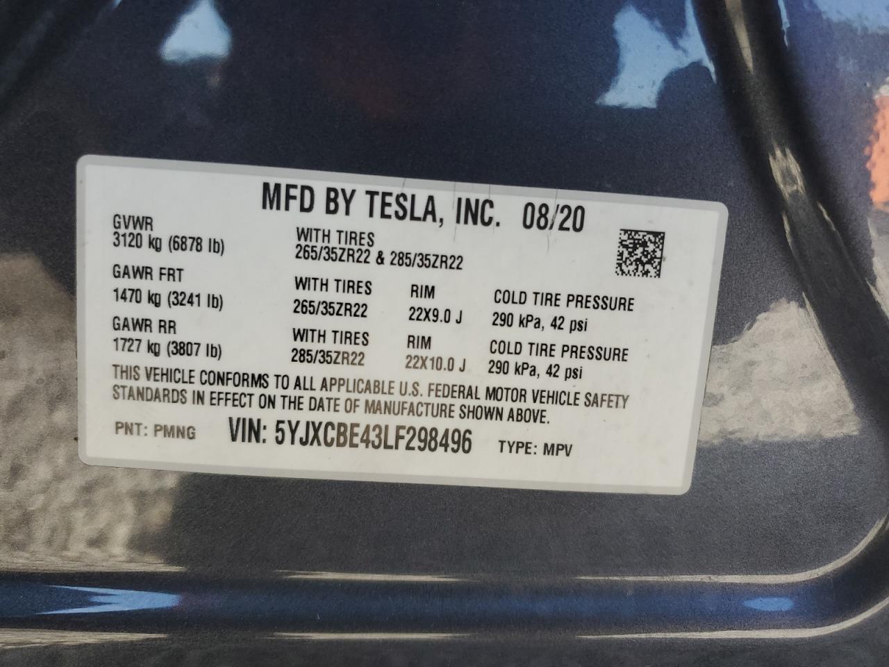 2020 Tesla Model X VIN: 5YJXCBE43LF298496 Lot: 71454045