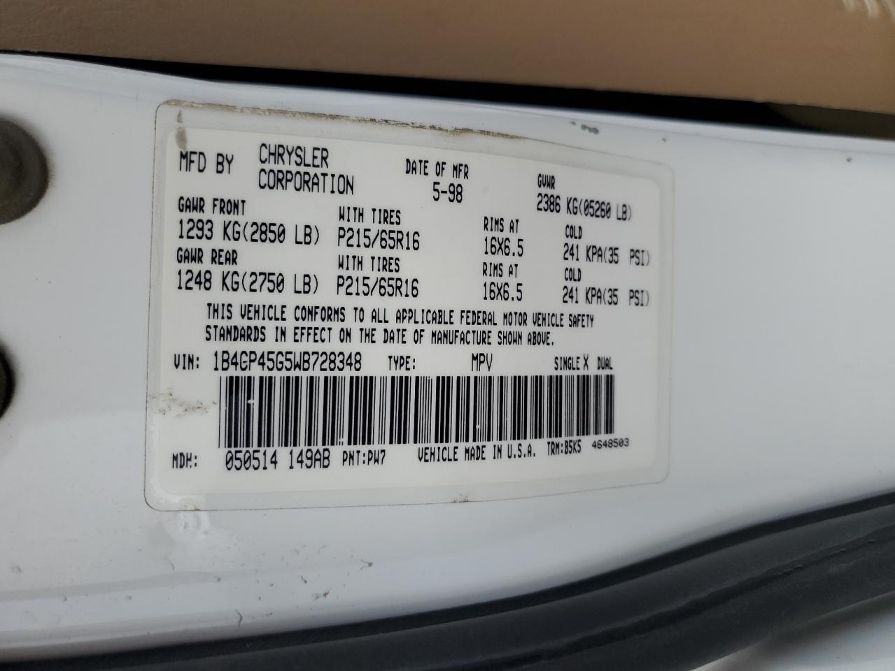 1998 Dodge Caravan Se VIN: 1B4GP45G5WB728348 Lot: 81627285