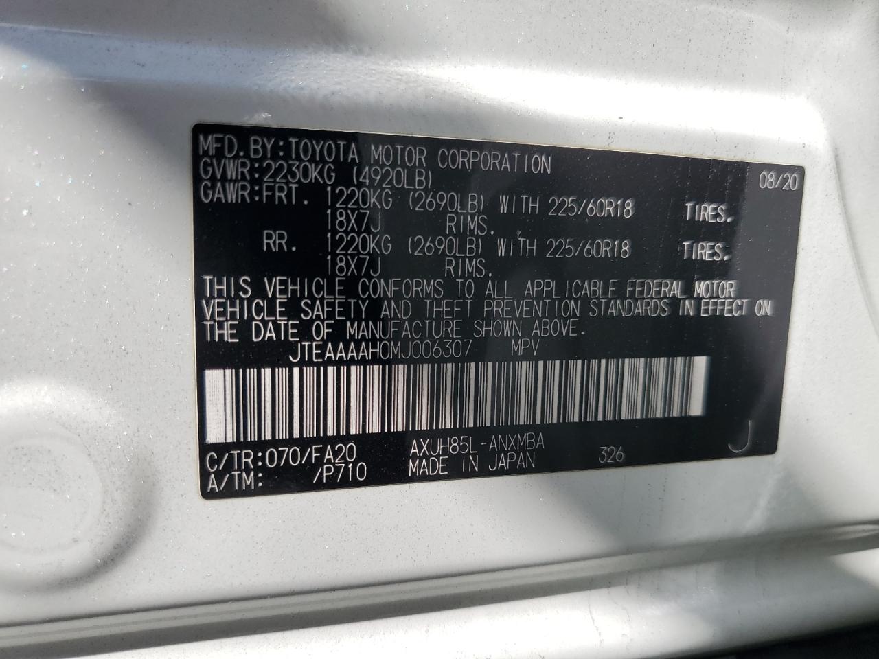 2021 Toyota Venza Le VIN: JTEAAAAH0MJ006307 Lot: 71489045