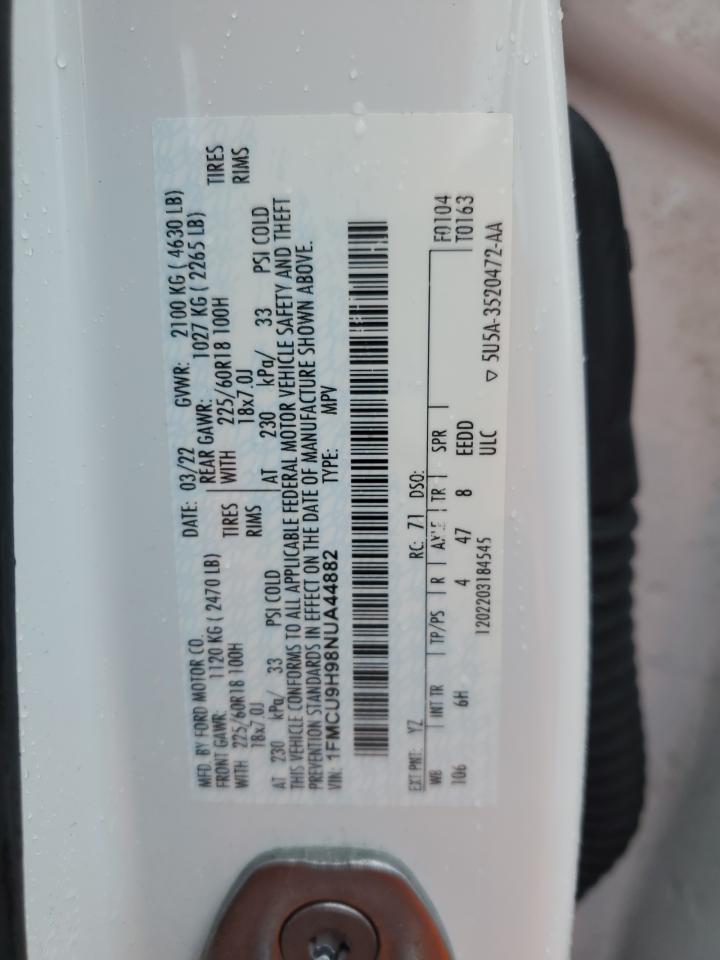 2022 Ford Escape Sel VIN: 1FMCU9H98NUA44882 Lot: 80903555