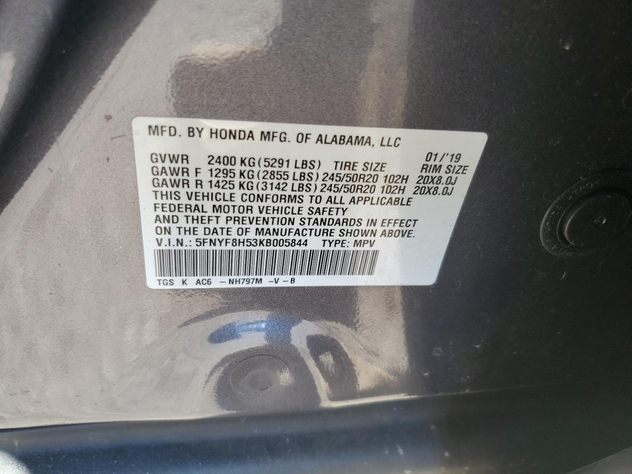 2019 Honda Passport Exl VIN: 5FNYF8H53KB005844 Lot: 81735535