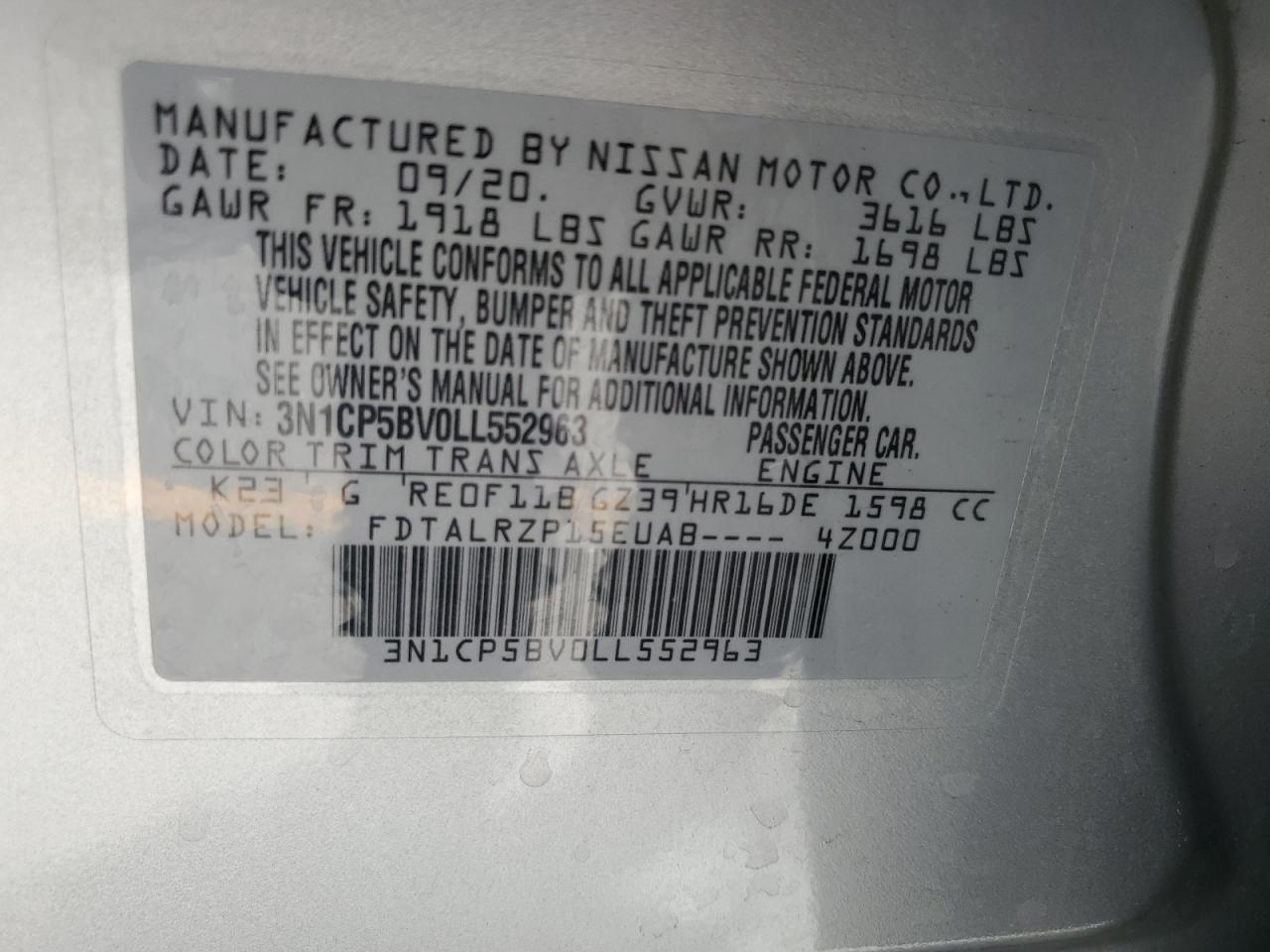 2020 Nissan Kicks S VIN: 3N1CP5BV0LL552963 Lot: 80948495