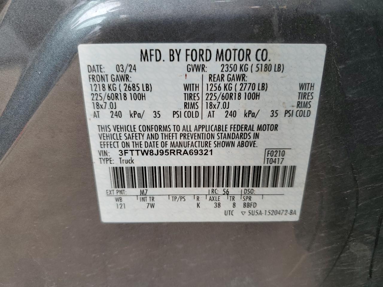 2024 Ford Maverick Xlt VIN: 3FTTW8J95RRA69321 Lot: 82075925