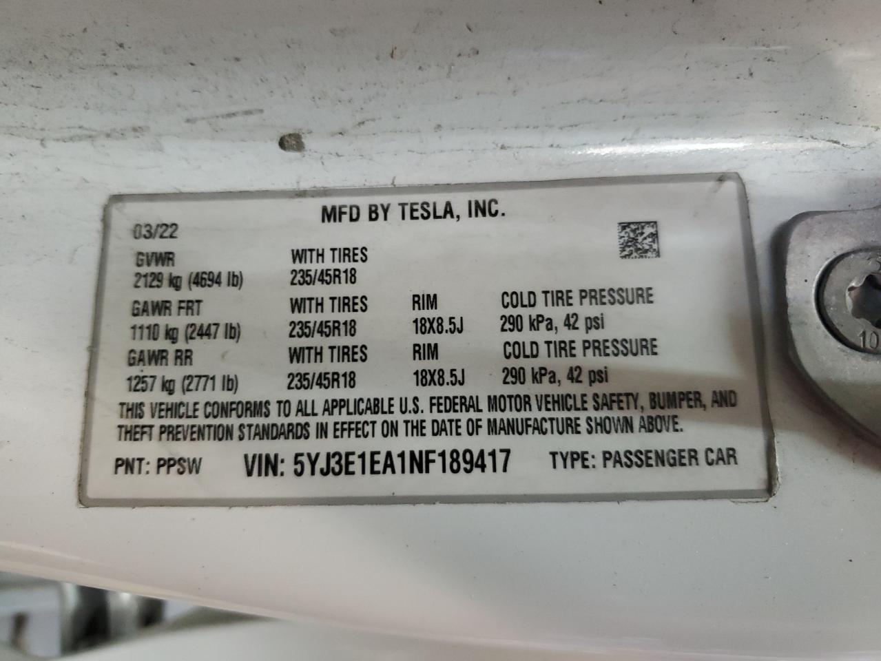 2022 Tesla Model 3 VIN: 5YJ3E1EA1NF189417 Lot: 71966495