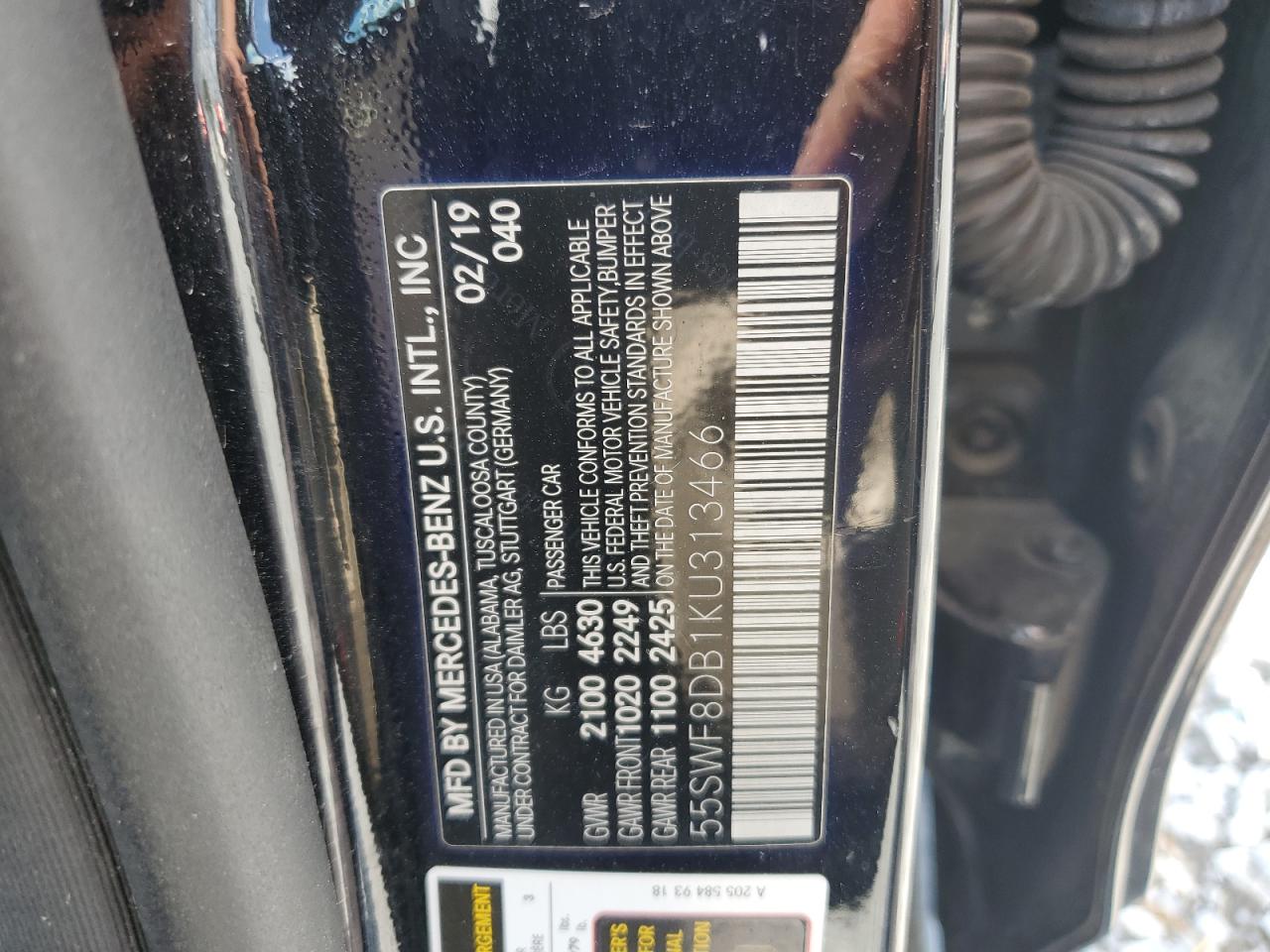 2019 Mercedes-Benz C 300 VIN: 55SWF8DB1KU313466 Lot: 71595715