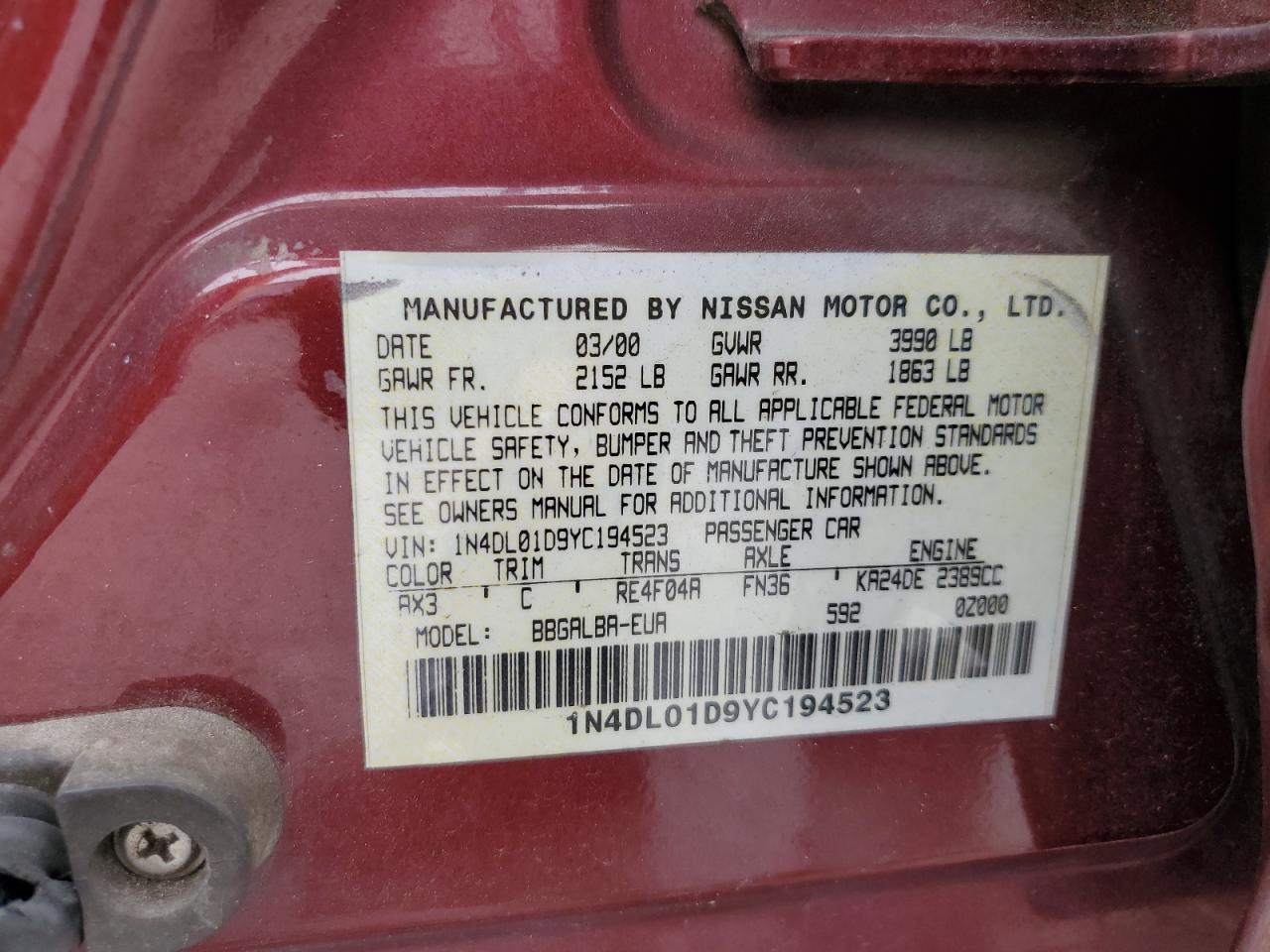 2000 Nissan Altima Xe VIN: 1N4DL01D9YC194523 Lot: 71718085