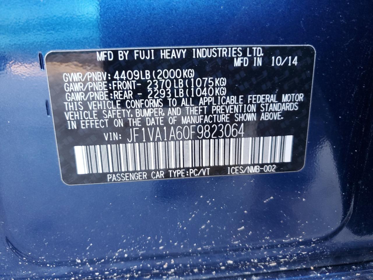 2015 Subaru Wrx VIN: JF1VA1A60F9823064 Lot: 81555255