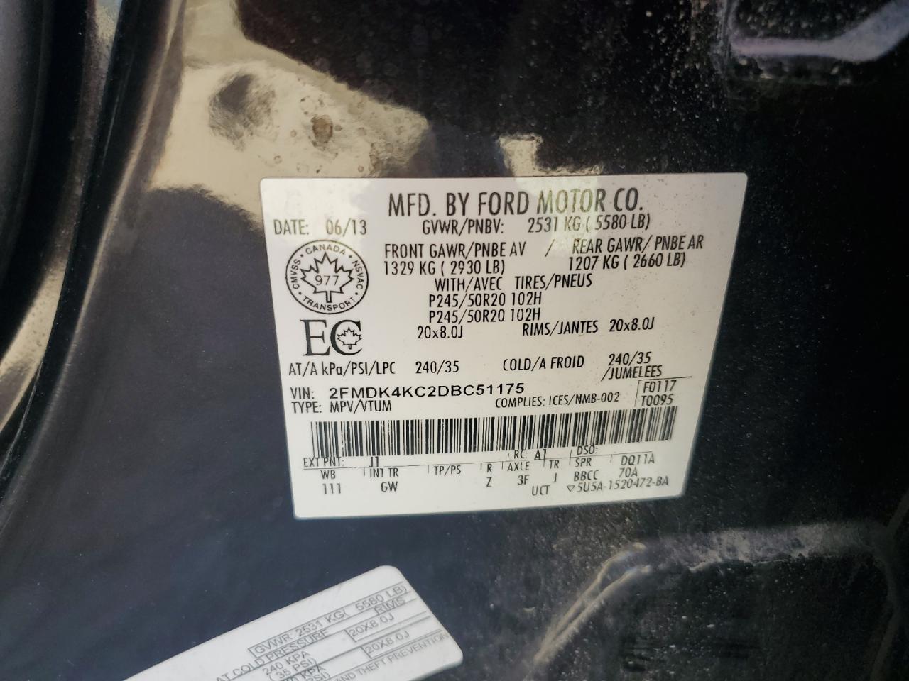 2013 Ford Edge Limited VIN: 2FMDK4KC2DBC51175 Lot: 81811445