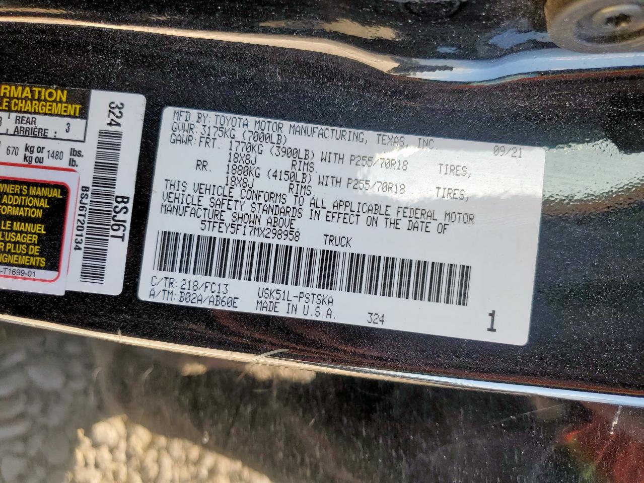 2021 Toyota Tundra Crewmax Sr5 VIN: 5TFEY5F17MX298958 Lot: 84053745