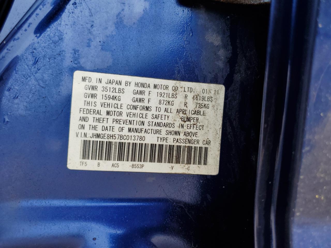 2011 Honda Fit Sport VIN: JHMGE8H57BC013780 Lot: 80270425