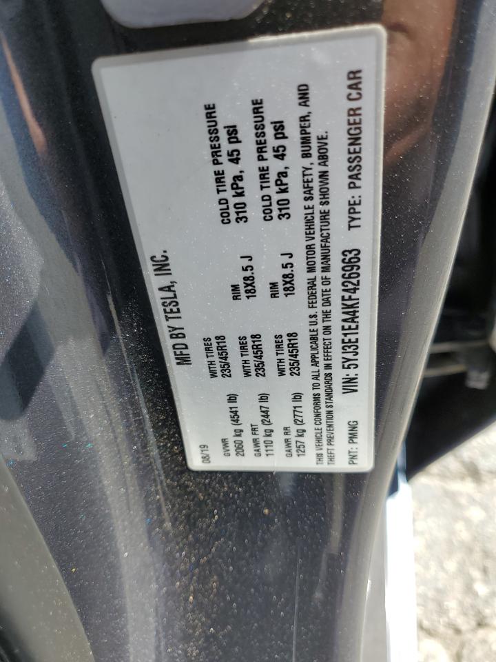 2019 Tesla Model 3 VIN: 5YJ3E1EA4KF426963 Lot: 72047155