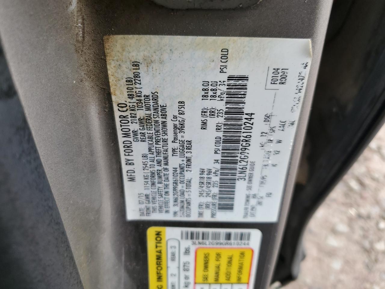 2016 Lincoln Mkz VIN: 3LN6L2G99GR610244 Lot: 81816305