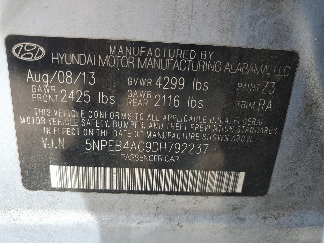 2013 Hyundai Sonata Gls VIN: 5NPEB4AC9DH792237 Lot: 82057865