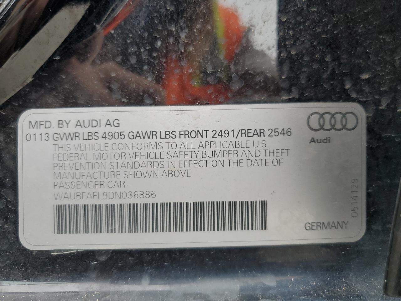 2013 Audi A4 Premium VIN: WAUBFAFL9DN036886 Lot: 71185255