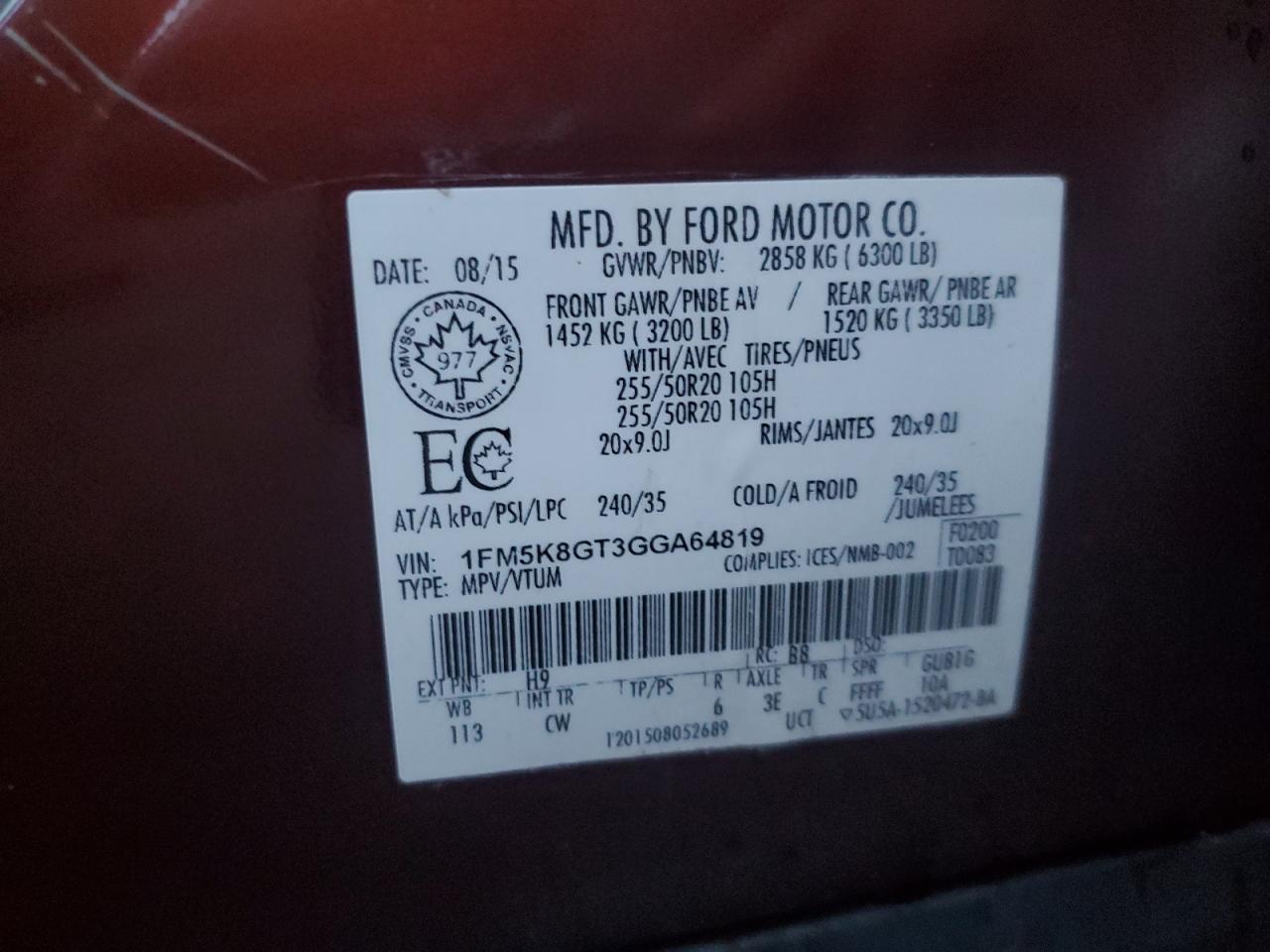 2016 Ford Explorer Sport VIN: 1FM5K8GT3GGA64819 Lot: 70762065