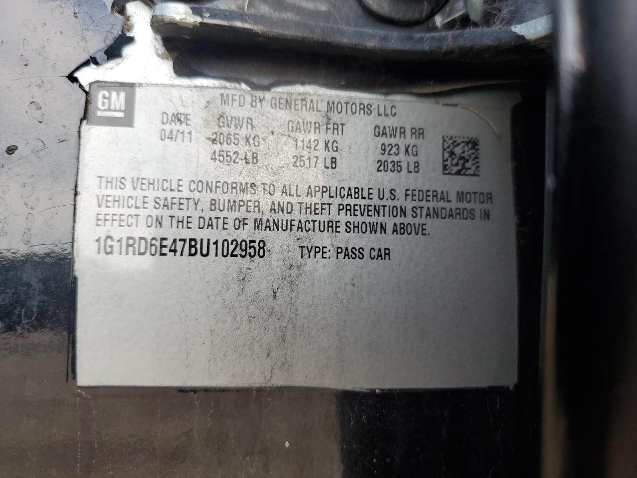 2011 Chevrolet Volt VIN: 1G1RD6E47BU102958 Lot: 80394575