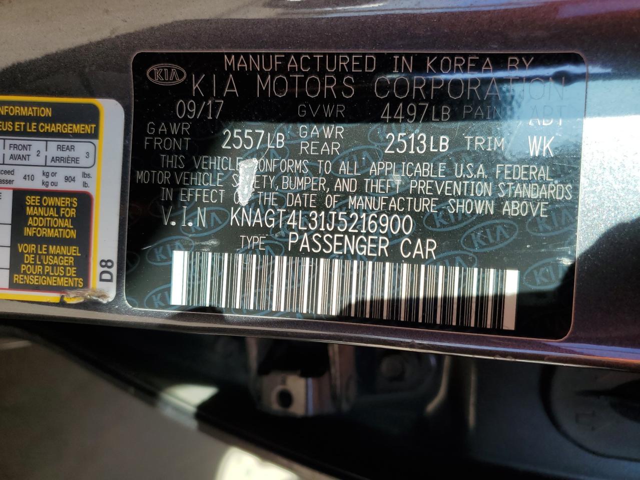 2018 Kia Optima Lx VIN: KNAGT4L31J5216900 Lot: 81882555