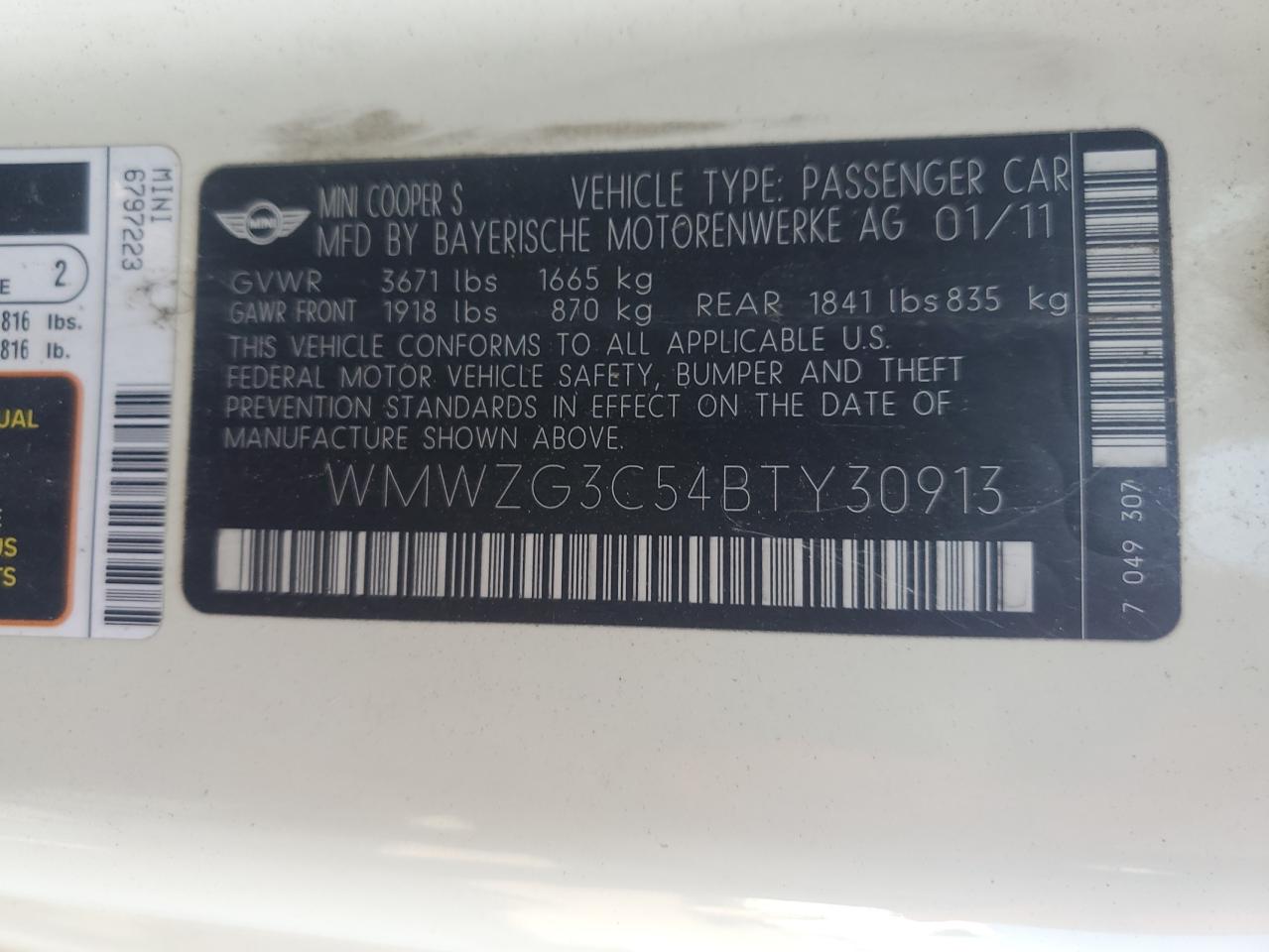 2011 Mini Cooper S Clubman VIN: WMWZG3C54BTY30913 Lot: 71846945