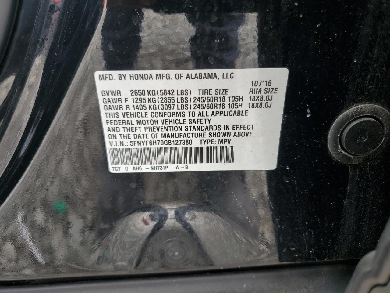 2016 Honda Pilot Exln VIN: 5FNYF6H79GB127380 Lot: 81604515