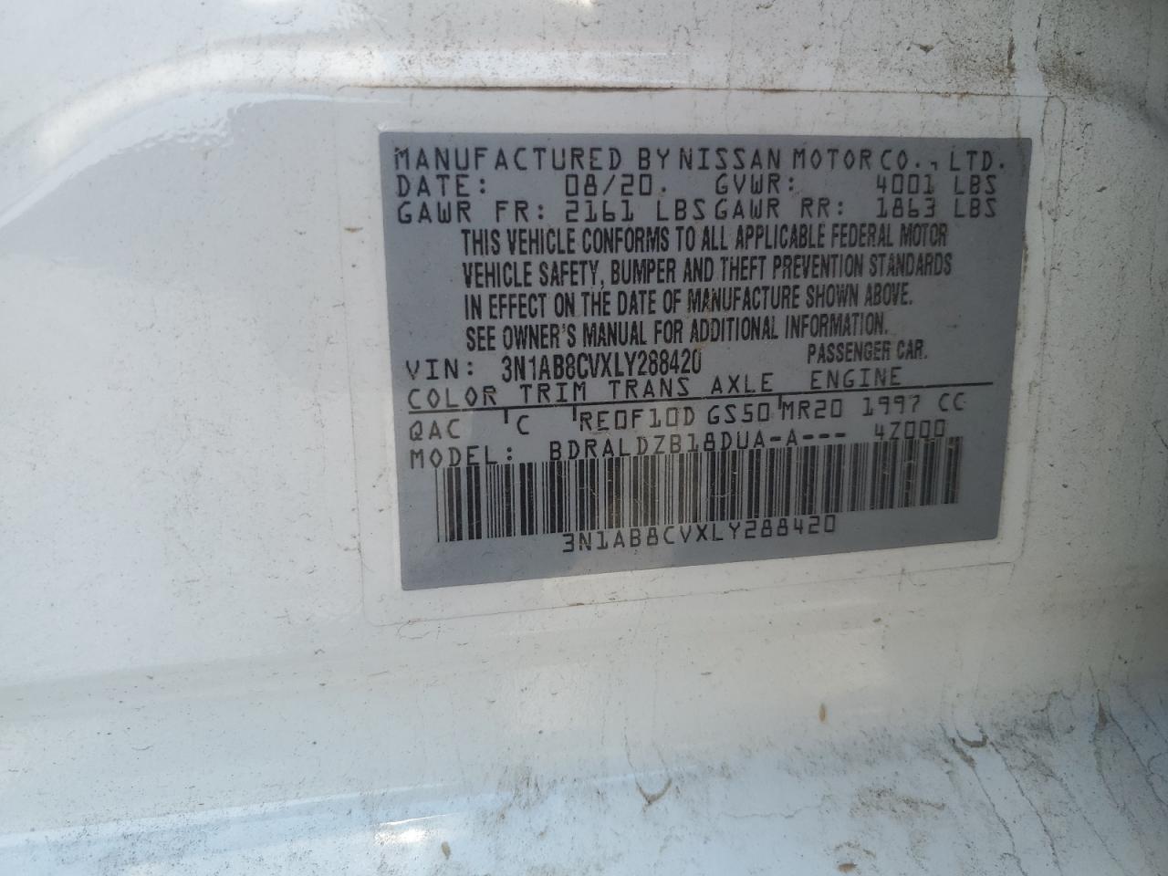 2020 Nissan Sentra Sv VIN: 3N1AB8CVXLY288420 Lot: 81240635