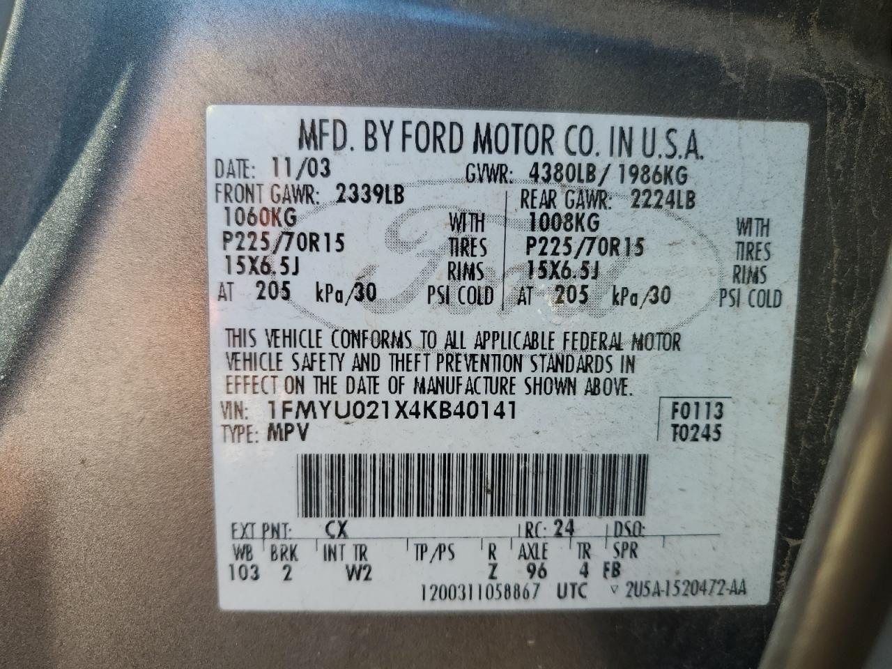 2004 Ford Escape Xls VIN: 1FMYU021X4KB40141 Lot: 80836095