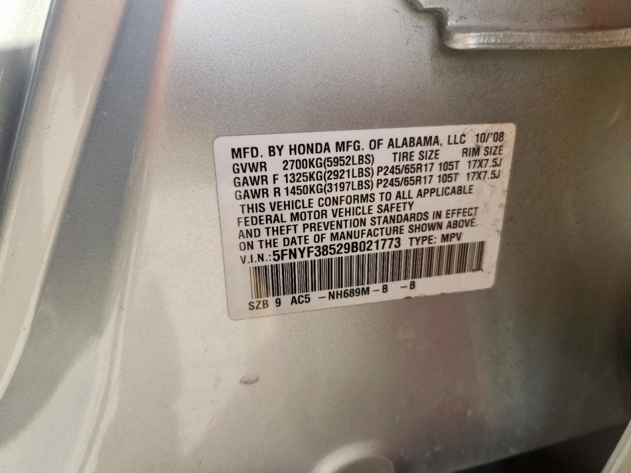 2009 Honda Pilot Exl VIN: 5FNYF38529B021773 Lot: 84024535