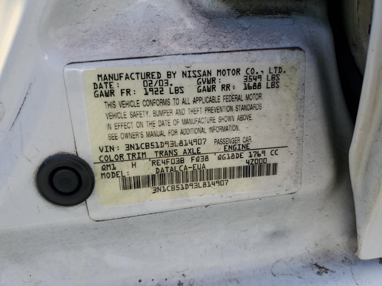 2003 Nissan Sentra Xe VIN: 3N1CB51D93L814907 Lot: 71679825
