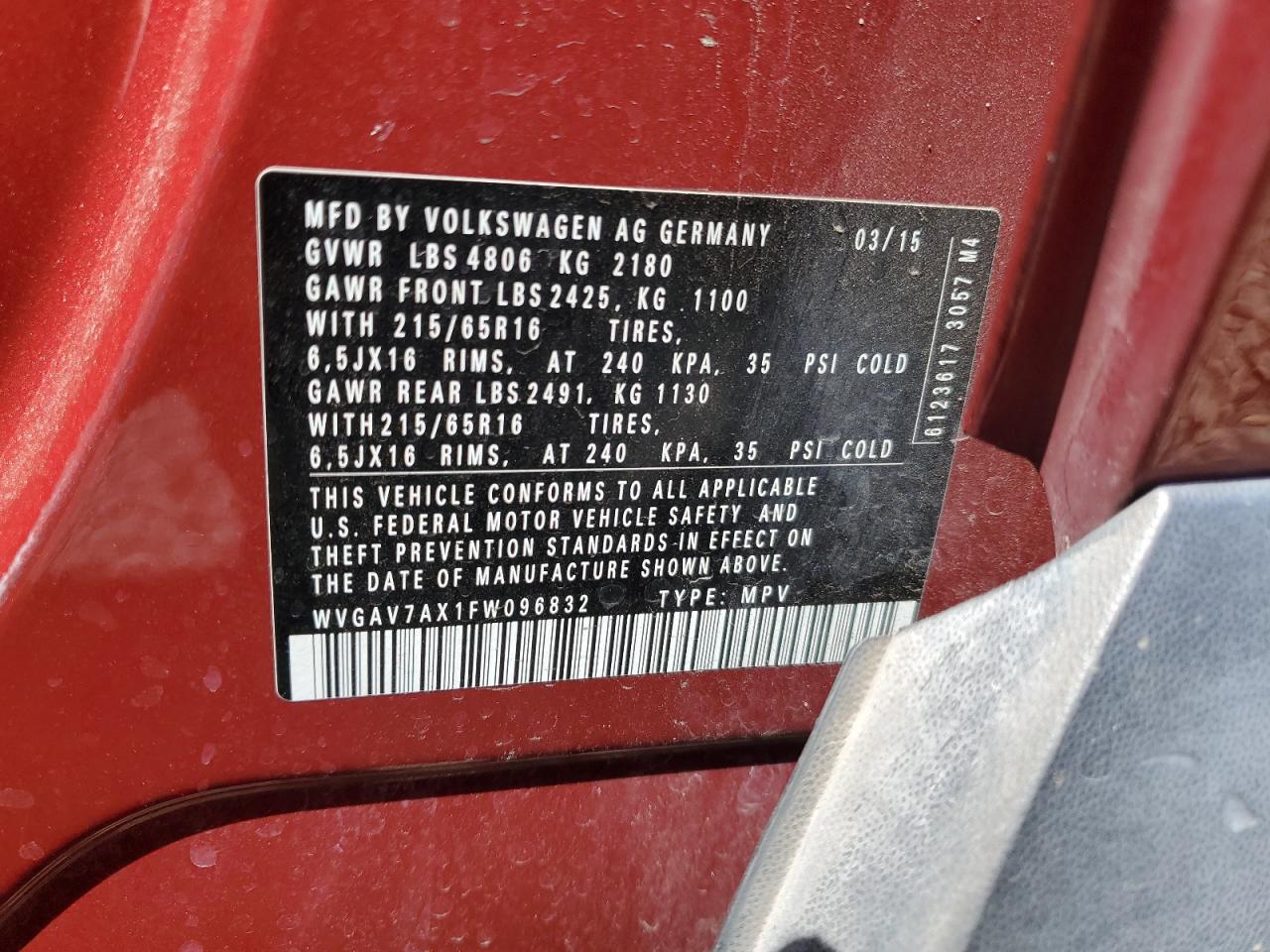 2015 Volkswagen Tiguan S VIN: WVGAV7AX1FW096832 Lot: 71443315