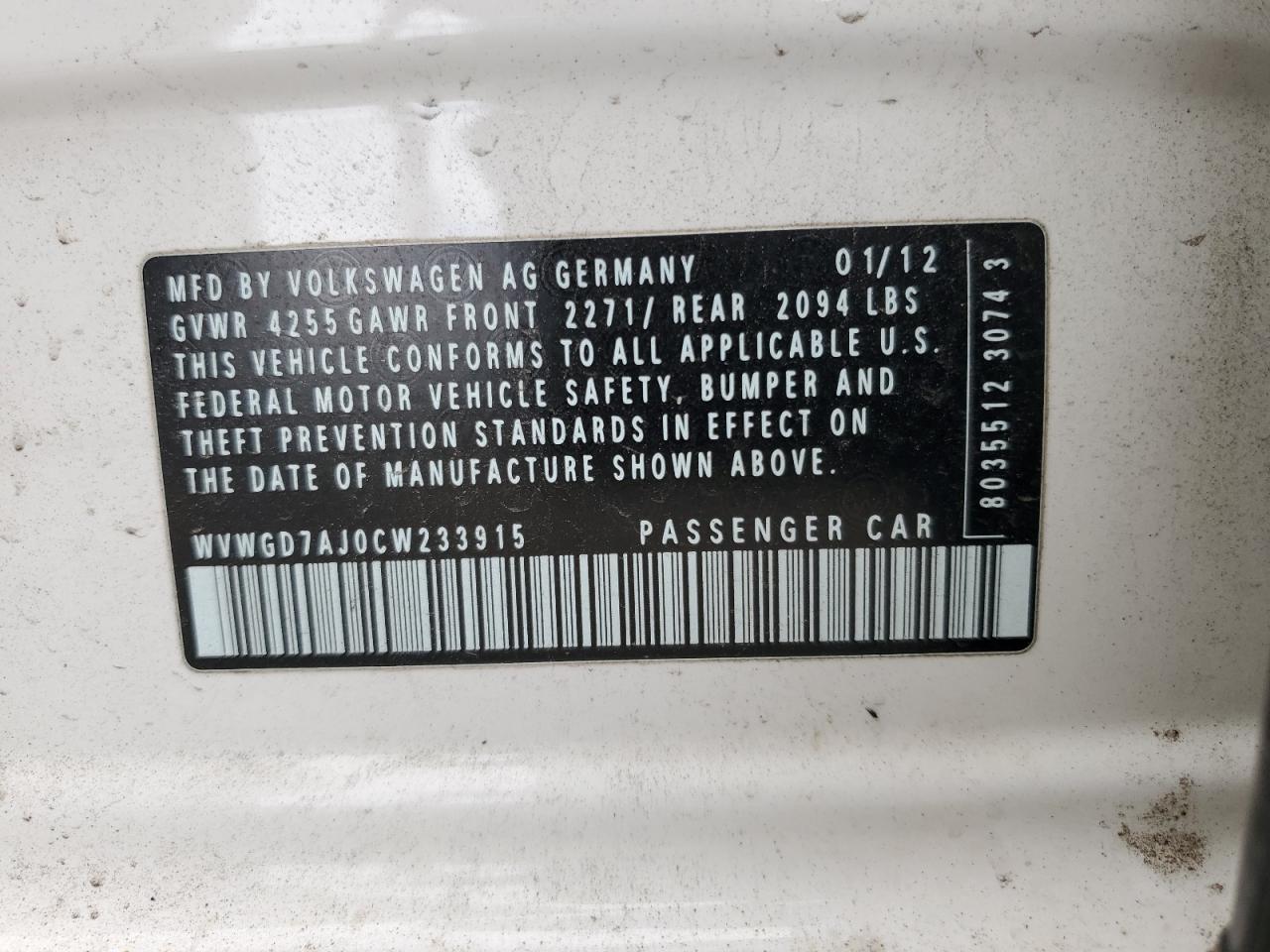 2012 Volkswagen Gti VIN: WVWGD7AJ0CW233915 Lot: 81615325