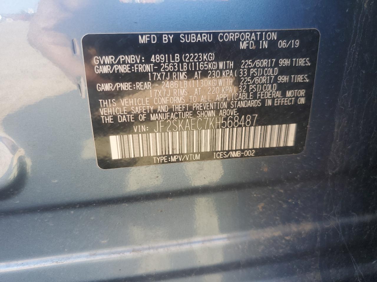 2019 Subaru Forester Premium VIN: JF2SKAEC7KH568487 Lot: 81091155