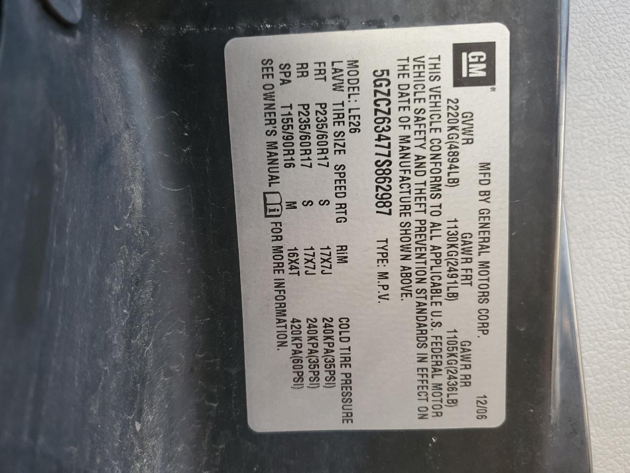 2007 Saturn Vue VIN: 5GZCZ63477S862987 Lot: 71705295