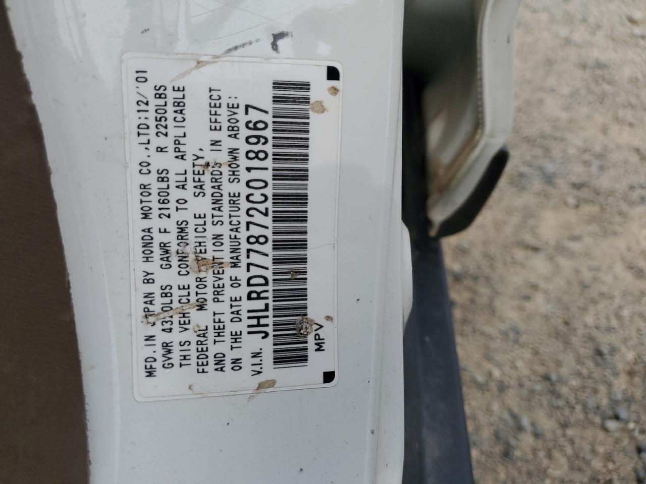 2002 Honda Cr-V Ex VIN: JHLRD77872C018967 Lot: 71956095