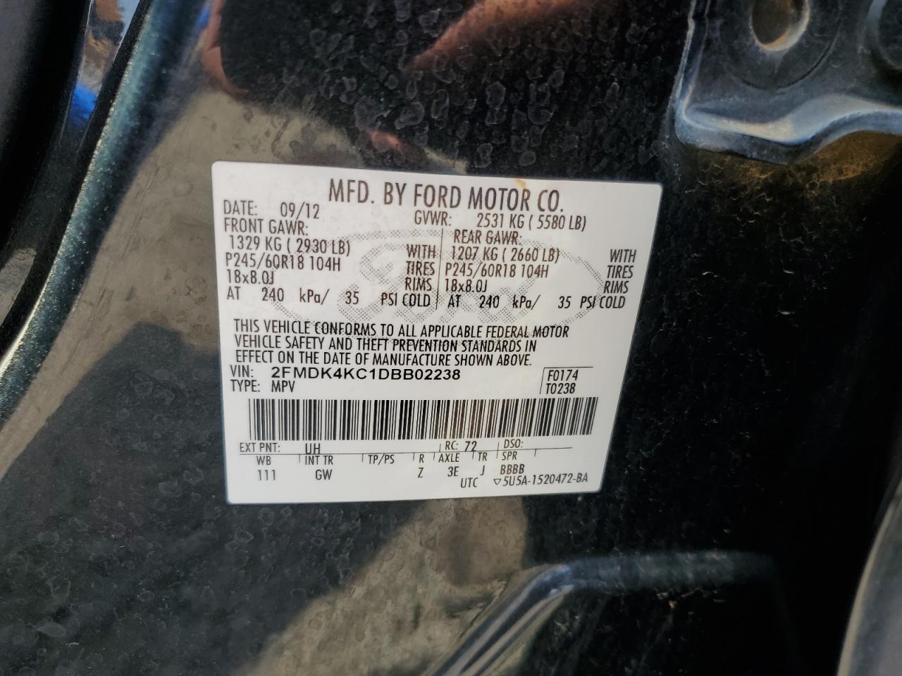 2013 Ford Edge Limited VIN: 2FMDK4KC1DBB02238 Lot: 81455515