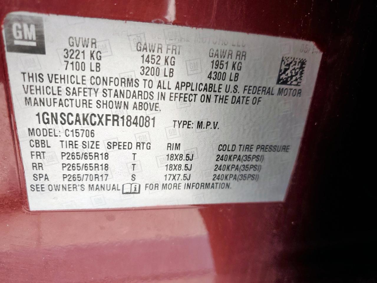 2015 Chevrolet Tahoe C1500 Ls VIN: 1GNSCAKCXFR184081 Lot: 84054185