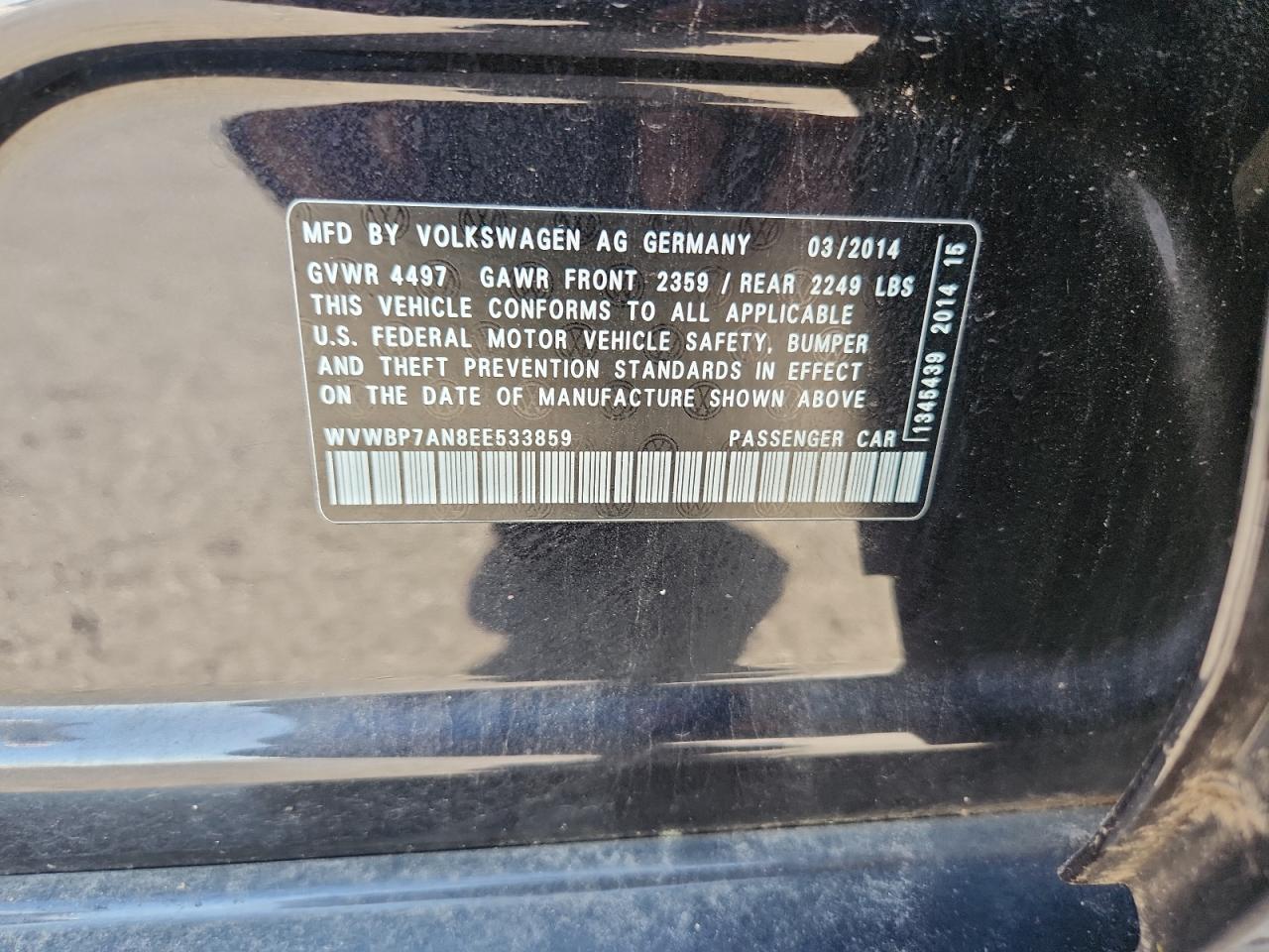 2014 Volkswagen Cc Sport VIN: WVWBP7AN8EE533859 Lot: 72081915