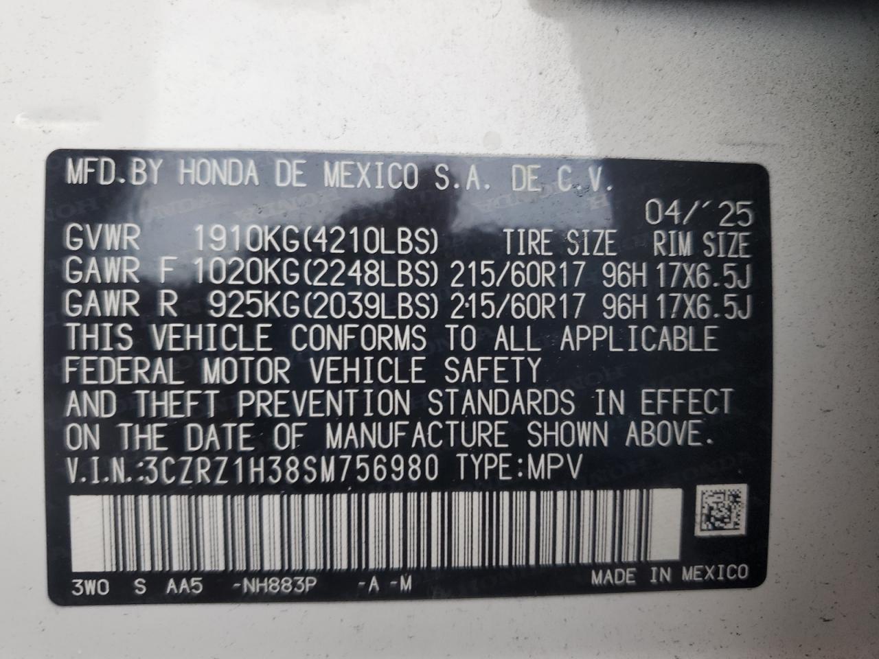 2025 Honda Hr-V Lx VIN: 3CZRZ1H38SM756980 Lot: 81060465