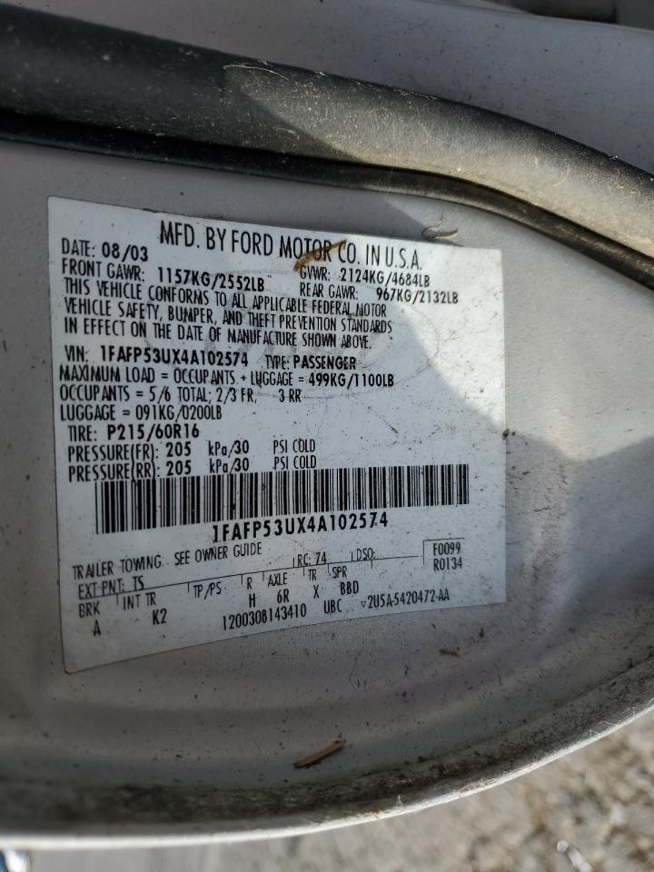 2004 Ford Taurus Se VIN: 1FAFP53UX4A102574 Lot: 81334565