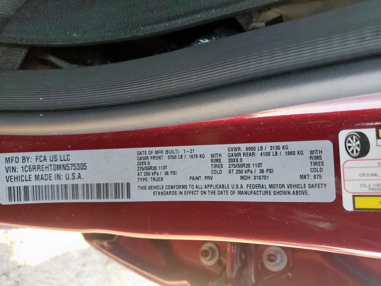 2021 Ram 1500 Limited VIN: 1C6RREHT0MN575305 Lot: 71040485