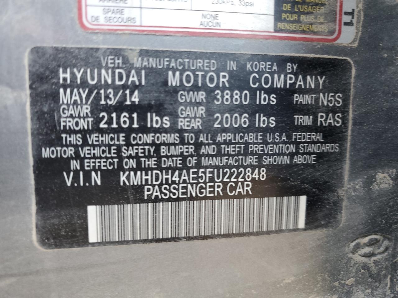 2015 Hyundai Elantra Se VIN: KMHDH4AE5FU222848 Lot: 80519785