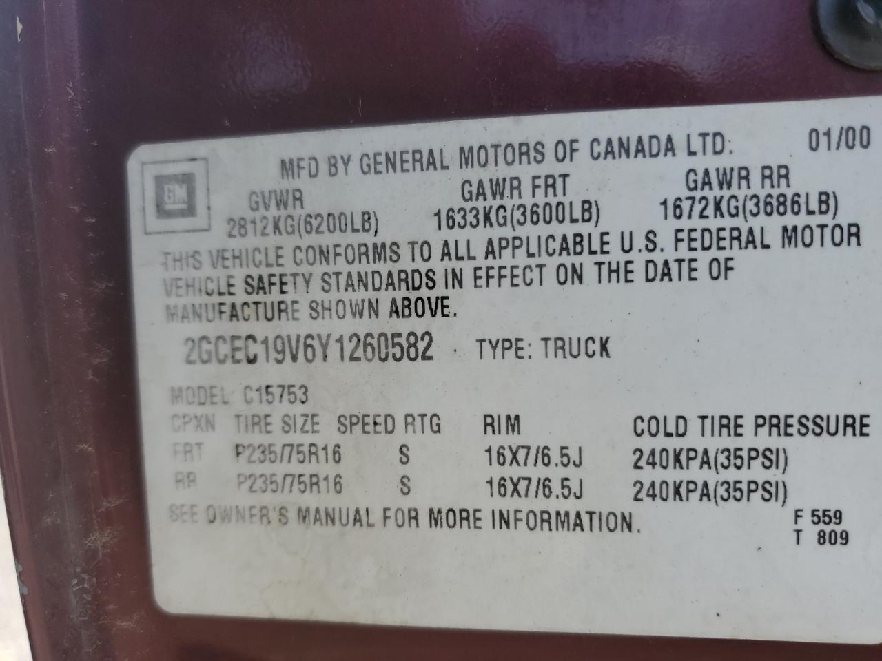 2000 Chevrolet Silverado C1500 VIN: 2GCEC19V6Y1260582 Lot: 82123785