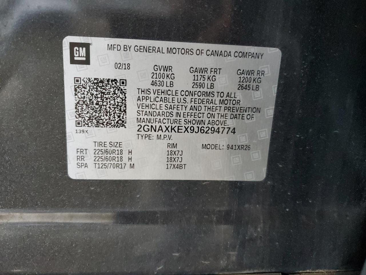 2018 Chevrolet Equinox Lt VIN: 2GNAXKEX9J6294774 Lot: 81403785