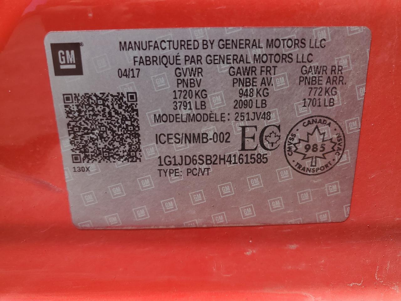 2017 Chevrolet Sonic Lt VIN: 1G1JD6SB2H4161585 Lot: 71240625